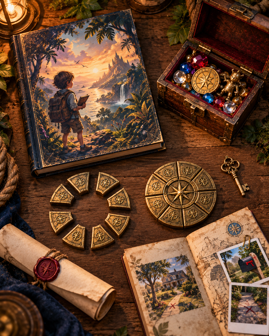 Everything in the box: the hardcover book, eight relic pieces, the key, the treasure chest and the certificate